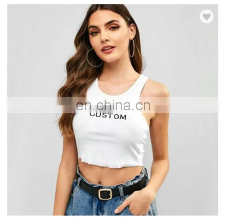 The Latest Ladies Custom logo Print Manufacturers sleeveless crew neck strap cotton spandex knitted women crop top