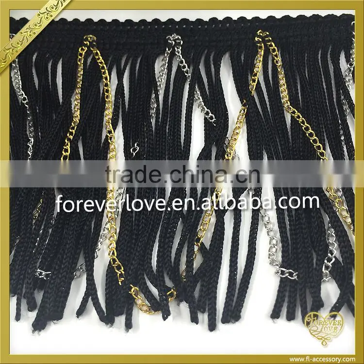 2016 fashion design black tassel fringe with chain trimming FT-014