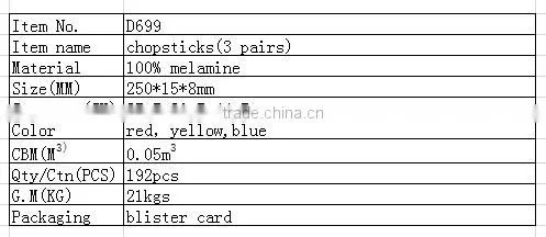 D699 many color chinese style plastic chopsticks(3 pairs)