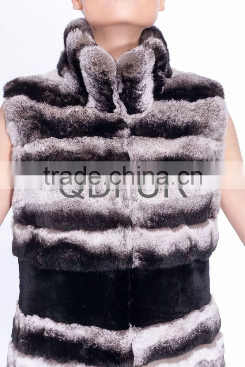 QD80159 Winter Women Long Real Rex Rabbit Fur Vest Printed Chinchilla Color