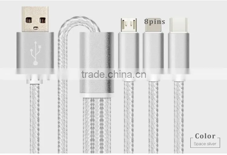 multi-function usb multi charger charging plug USB data line cable 8pins micro type c 3 in 1 for iPhone and Android