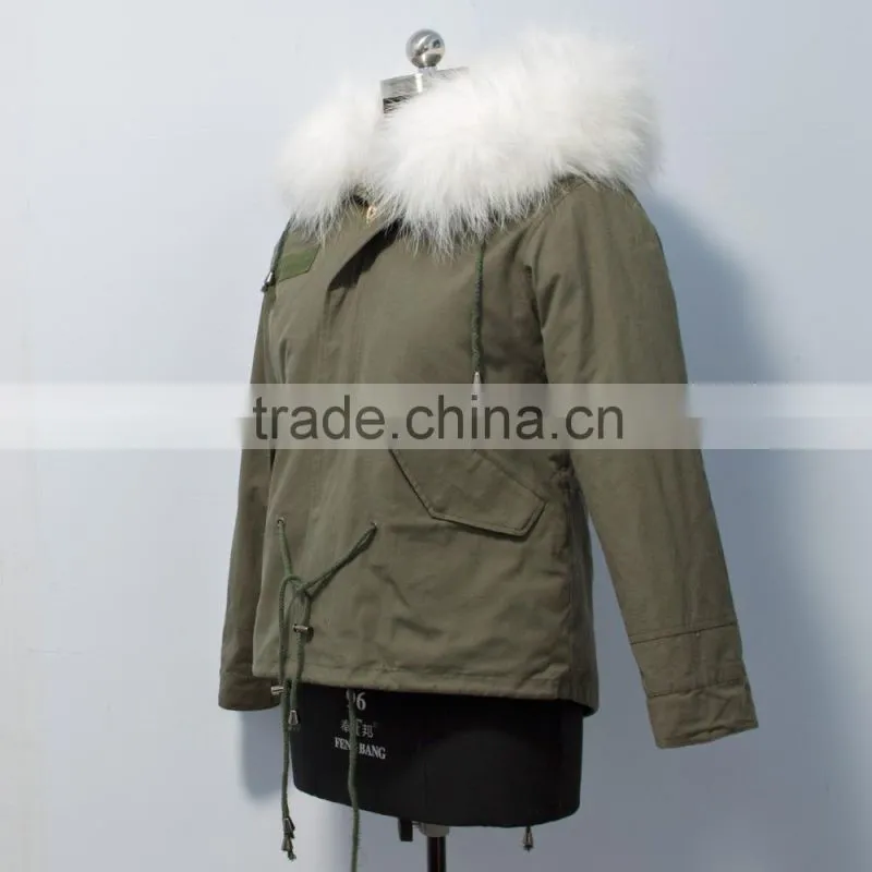 women casual bomber jacket with raccoon fur hooded parka for lady
