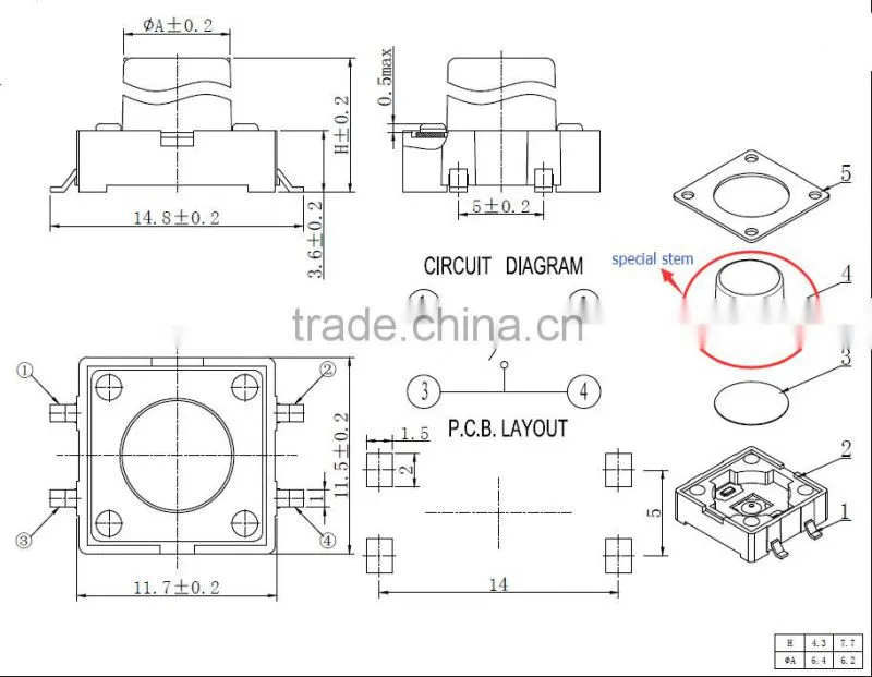 12X12 SMD Tact Switch with special stem, pushbutton switch, tactile switch