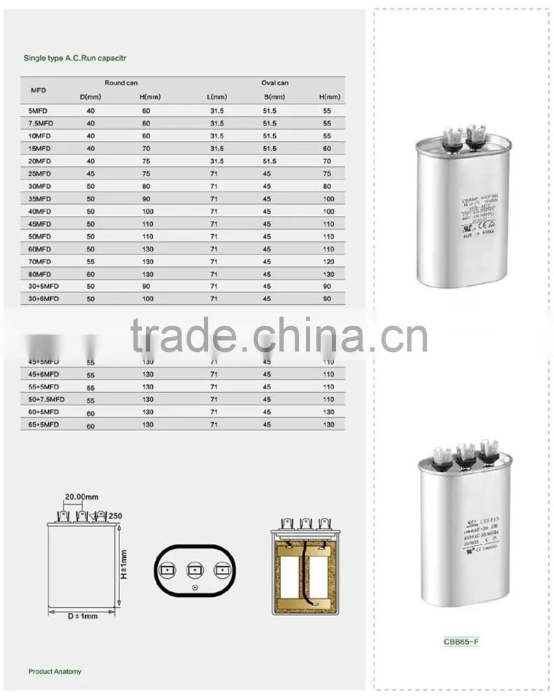 cbb65 60uf 250v motor starting capacitor