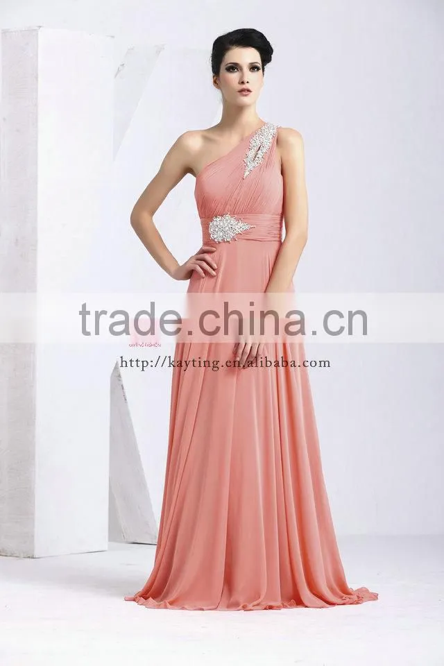 New one-shoulder ruffle and beaded long kaftan pink evening dress