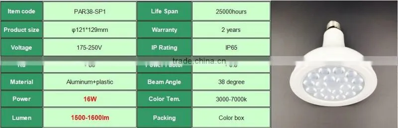 Alibaba express IP65 175-250V 16W 1500lm PAR38 LED spot light