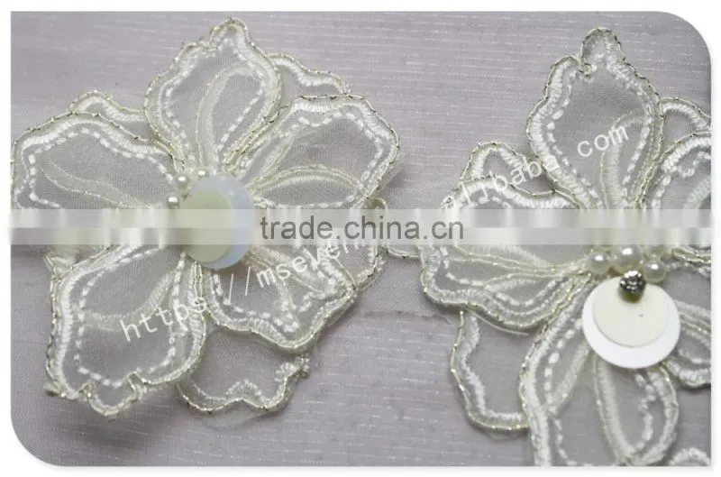 Beautiful design 8.5cm width organza flowers beaded lace in white