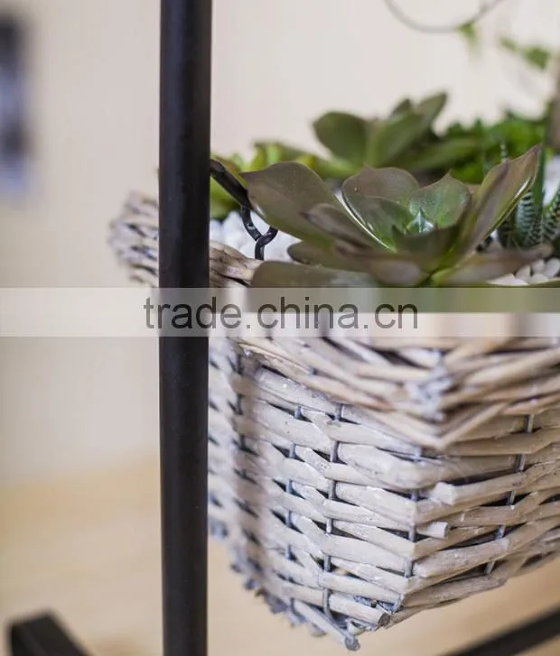 Indoor decor iron stand hanging wicker woven flower basket