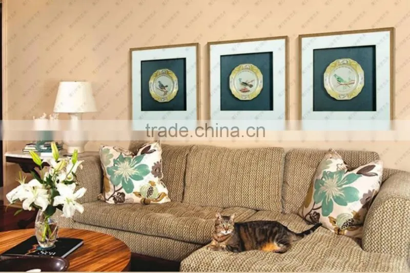 Decorative wooden frame ceramic plate shadow box wall art