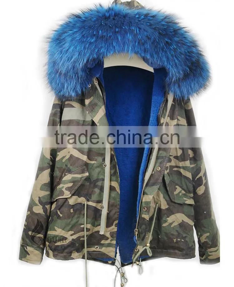 CX-G-P-10A Genuine Faux Fur Coat With Raccoon Fur Collar