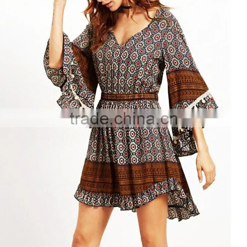 Wholesale Ladies Flare Sleeve Sexy Bohemian Dress Vintage Printed Mini Dresses For Women