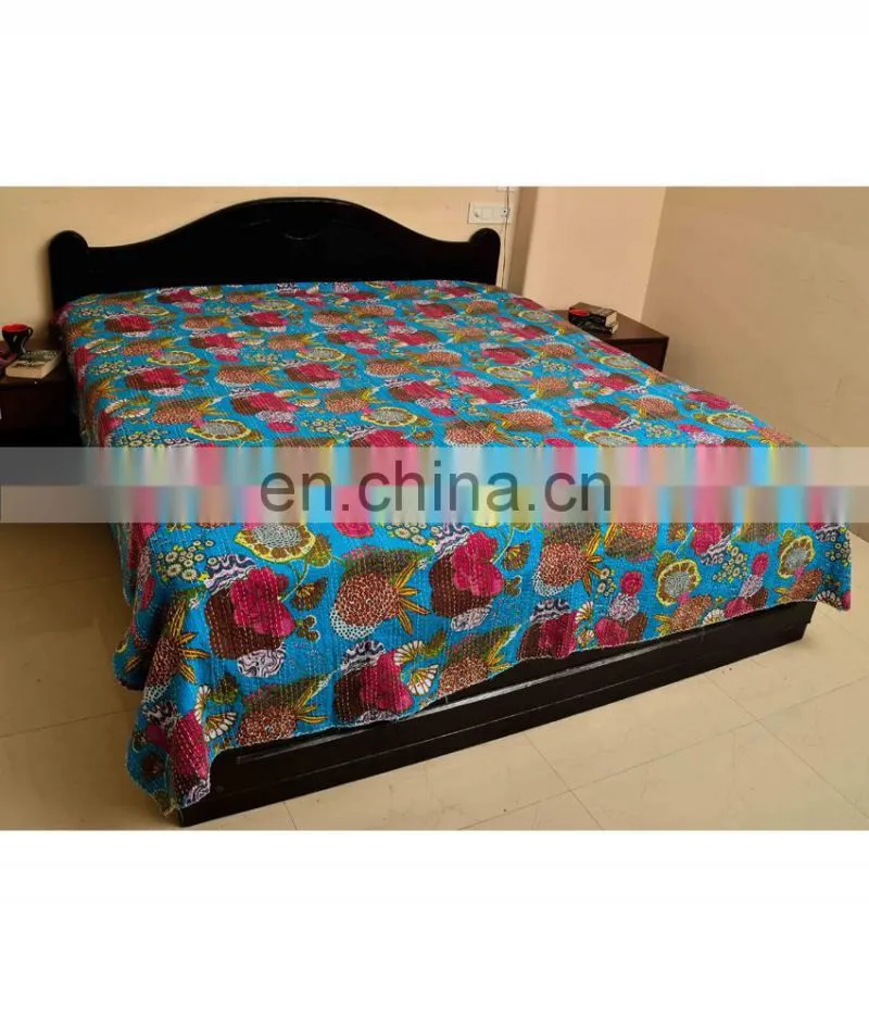 Tropical Kantha Quilt Handmade Fruit Print Kantha Bed Cover Tropicana Kantha Bedspread