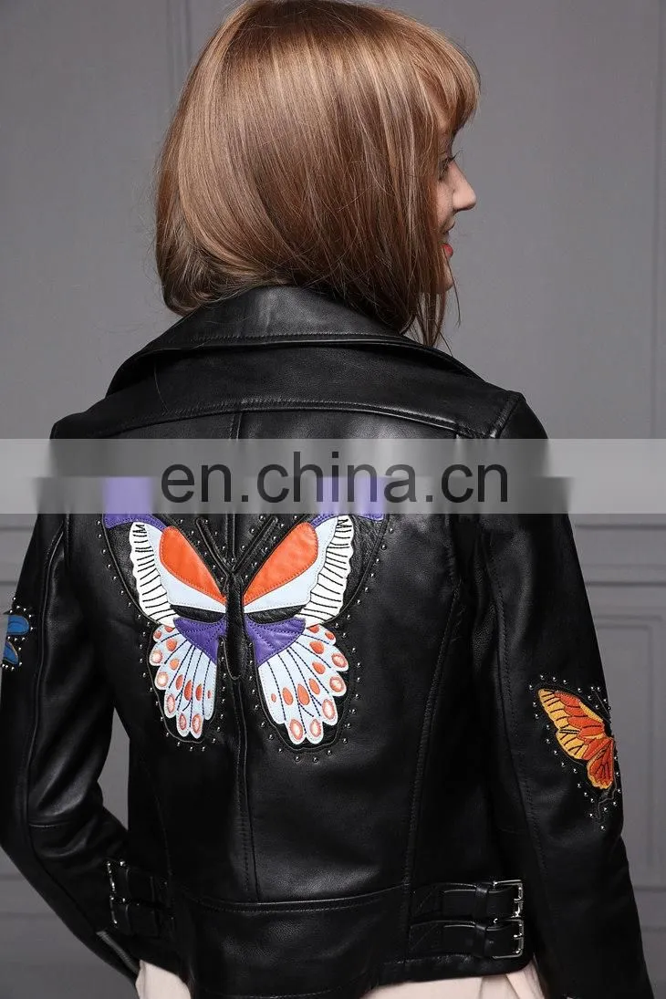 Hot Selling OEM Fashion Latest Womens Jackets Short Sheep Skin Moto Biker Leather Jacket