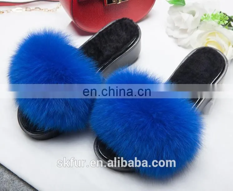 Factory wholesale fluffy and soft real fox fur slippers for women