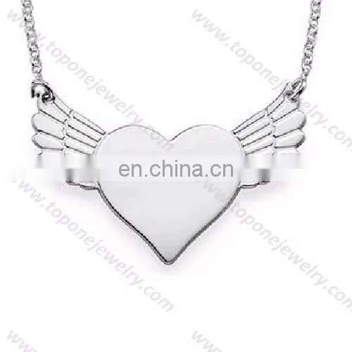 wholesale simple and elegant designs stainless steel heart angle wing engravable necklace