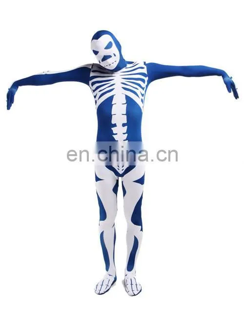 Blue & White Skeleton Nude Suit Tight Zentai Body Spandex Stretch Mens Jumpsuit Adult