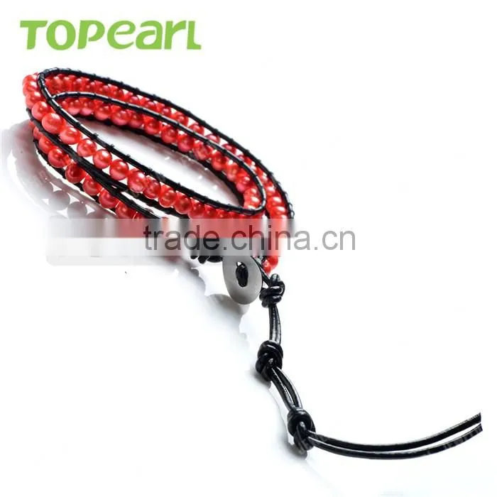 Topearl Jewelry Potato Shape Red Freshwater Pearl Bracelet Woven Leather Wrap Festival Bracelets for Women 14 inches CLL162