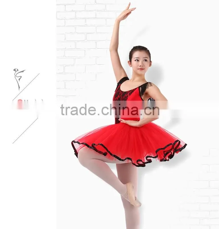 Classic Chinese Red Ballet Performance Tutu Dress With Fashionable Tassel and V Lace Front