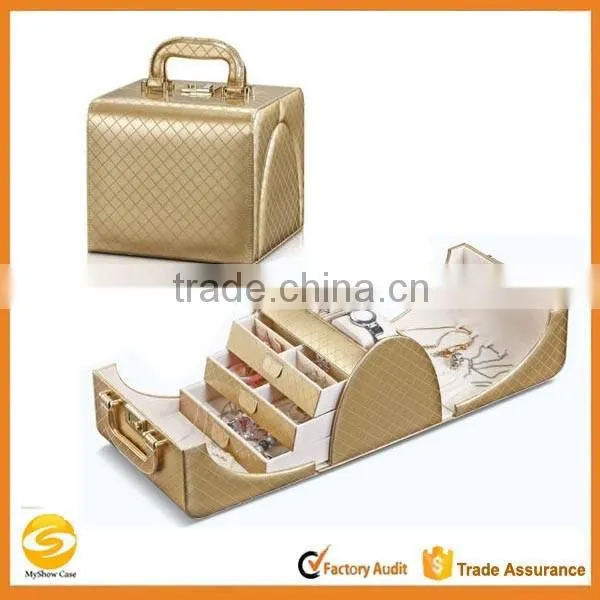 high quality gold Leather beauty cosmetic case,hard side cosmetic jewelry box case,leather jewelry display case