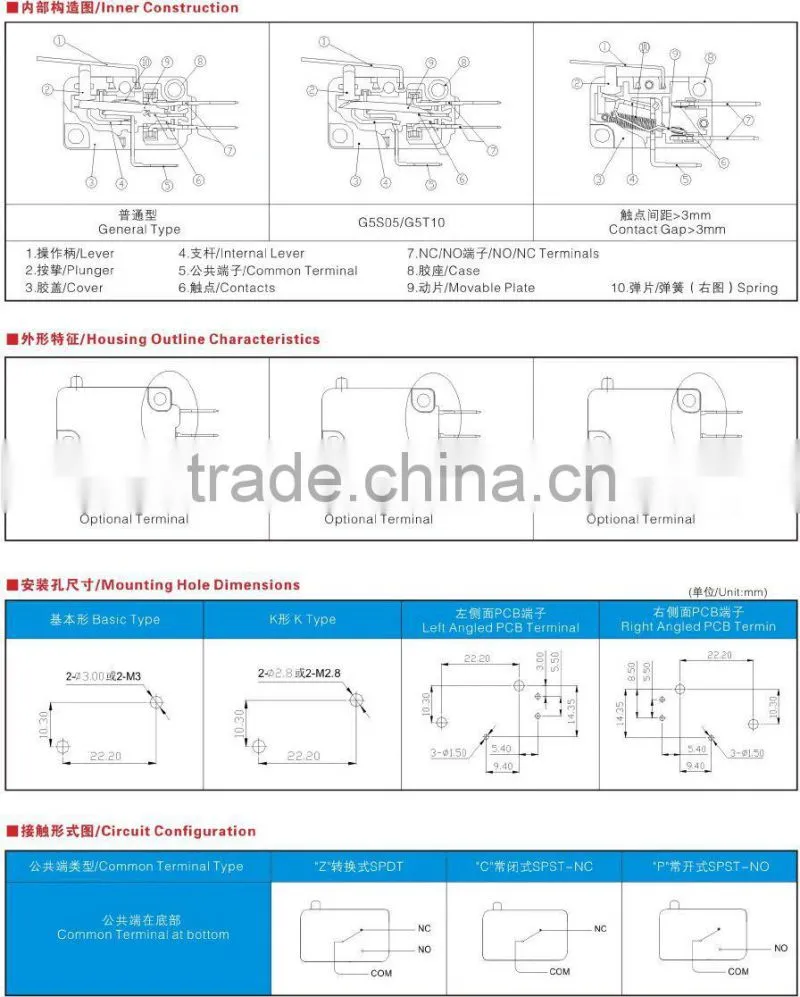 2015 Push button micro switch, 16 125v micro switches, zing ear
