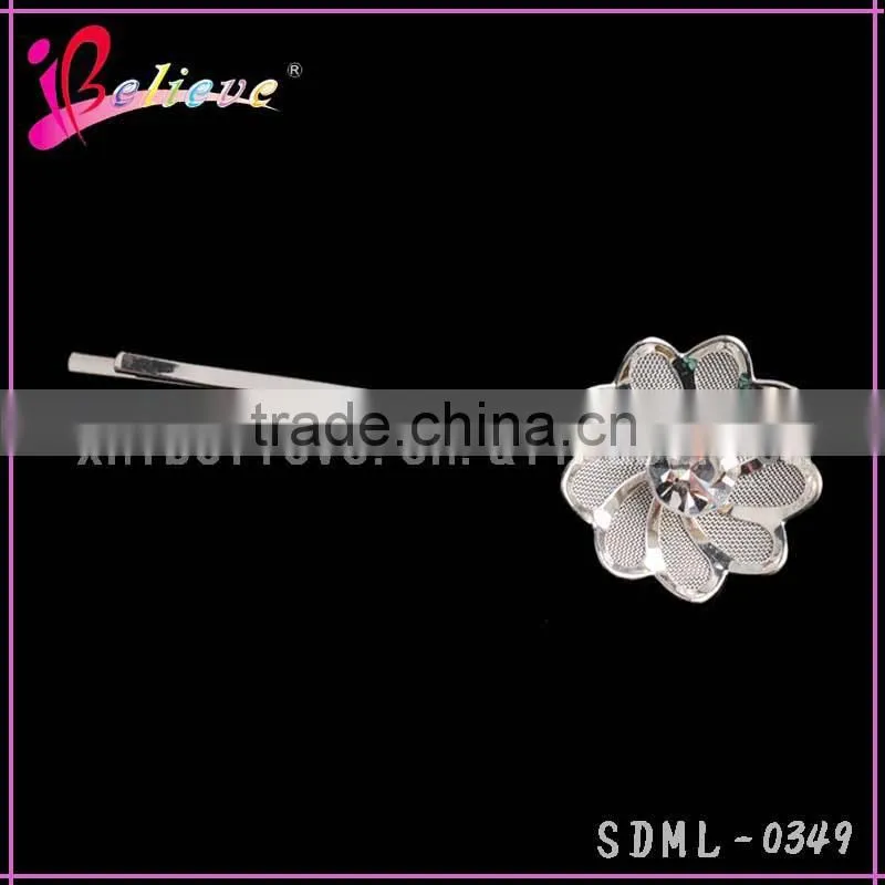 Wholesale metal silver flower hair pin,hot selling fancy kids hair clip,hair pins for girls