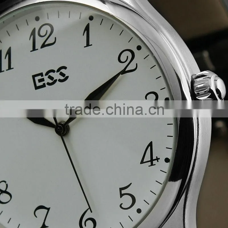 ESS Men's Classic Black Leather White Quartz Wrist Watch