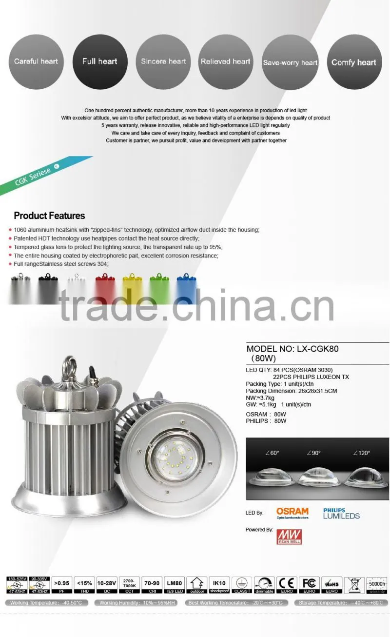 2016 Copper Heat Pipe Design 5 Years Warranty CE Rohs Approved Meanwell Driver 80W LED High Bay Light
