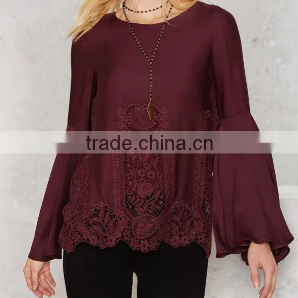 Hot Selling Fashion Cutting Design Lace Blouse for Lady