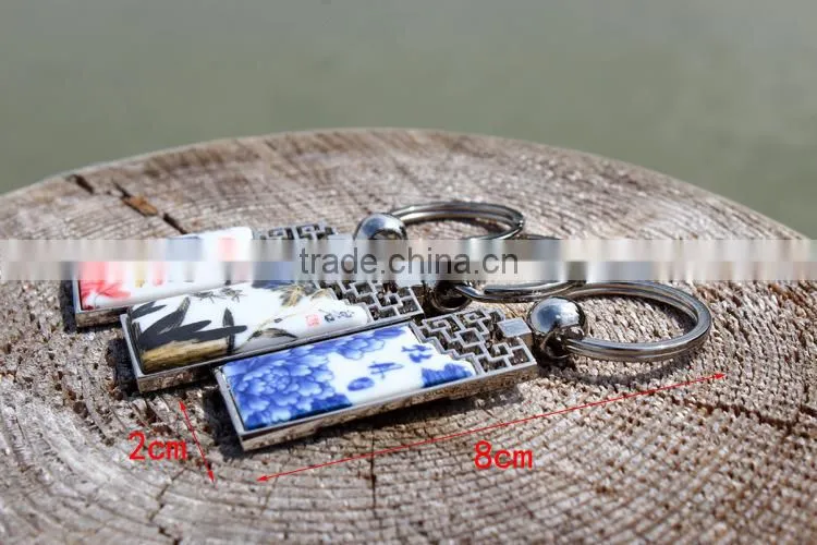 blue and white porcelain logo excellent qualtiy key chain with beautiful paper card