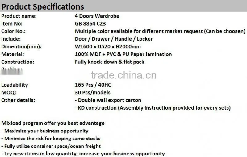 MDF Wardrobe Furniture Without Mirror In 4 Doors Closet, big wardrobe furniture, cheap wardrobe closet, bedroom cupboard style