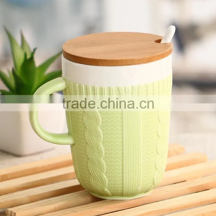 coffee mug with spoon and bamboo lid,innovative and promotion mug,ceramic mug