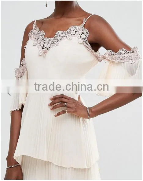 Guangzhou Clothing OEM Embroidered Embellishment Layered Pleated Skirt Dress Patterns Of Latest Fashion Design