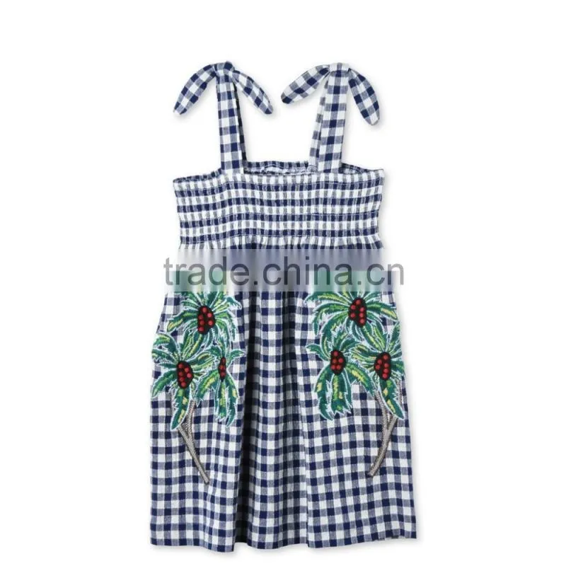 2017 Embroidered Palm Print Design Check Dress Boutique Girl Clothing With Embroidery Patch Childern Frock Model HSD5941