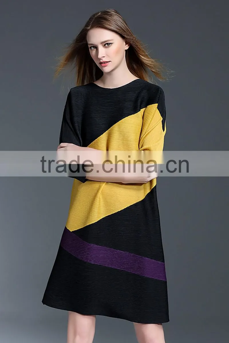 Female patchwork contrast color crinkle spring A-line dresses