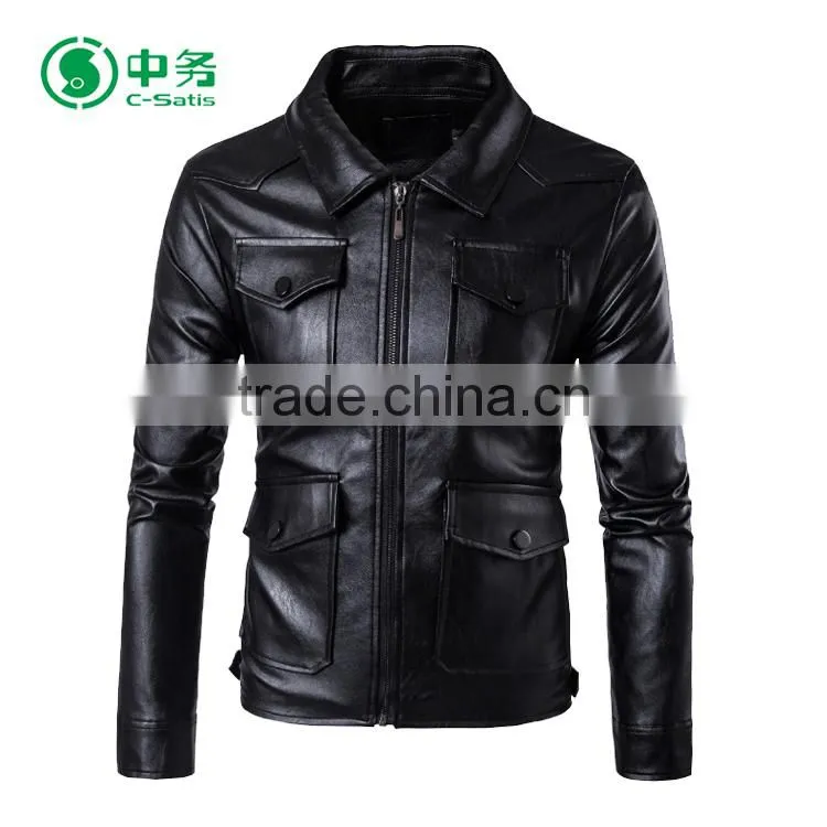 Popular Design Multi Pockets Windproof Western Black Vintage Leather Jacket for Men