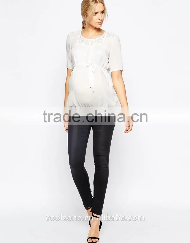 Elegant semi-sheer pleated lace detail maternity wear wholesale tank top