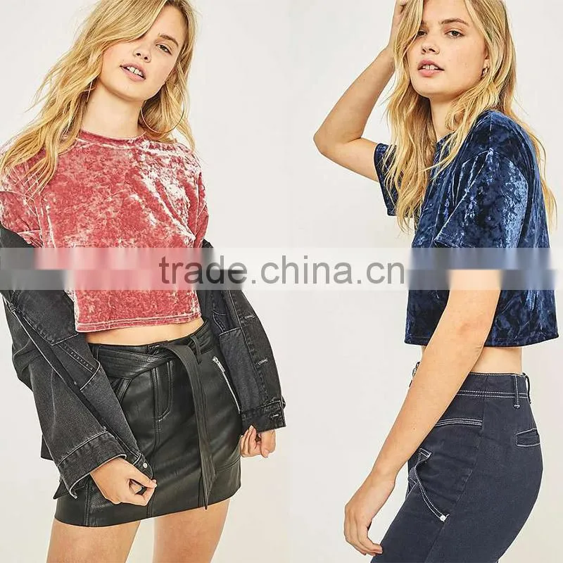 Slight blink crushed velvet O-neck short sleeves cropped t shirt tank tops
