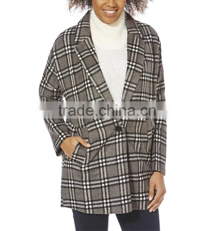 latest brushed checked ladies plaid winter coat