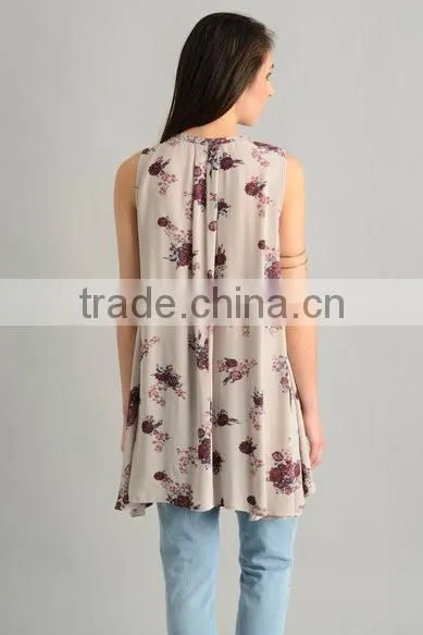 Custom womens Floral Sleeveless Long Style Swing Tops,Fashion Cotton Printed Sleeveless Blouses For Women