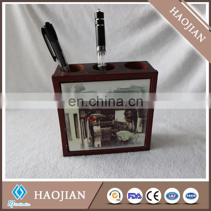 3 round holes wooden pen holder fancy pen holder desktop pen holder with ceramic tile