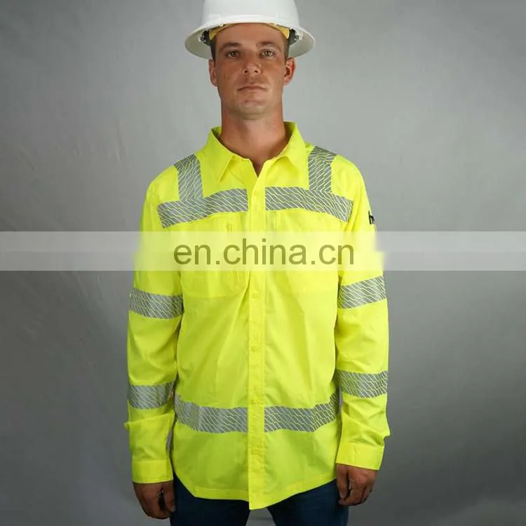100% cotton mens button down collar business fit work cargo shirt with reflective bands