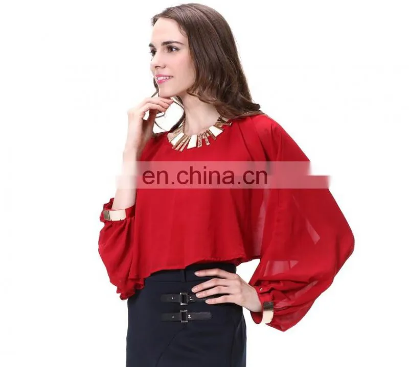 Wholesale Long Sleeve Fake Two Piece Lady Chiffon Top And Blouse