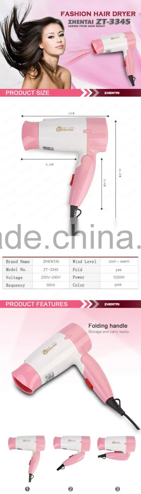 Customized Pink Hair Dryer Foldable Hair Dryer for Travel