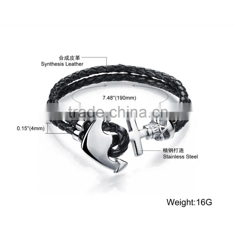 Cheap stainless steel skull boat anchor double braided leather bracelet punk rock style