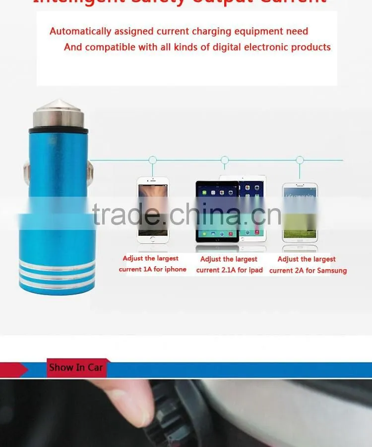 New 3.1A Quick Charge 2.0 Travel Car charger for Travel in-Car use/ Stainless Steel Safety Hammer QC 2.0 Dual USB Car Charger