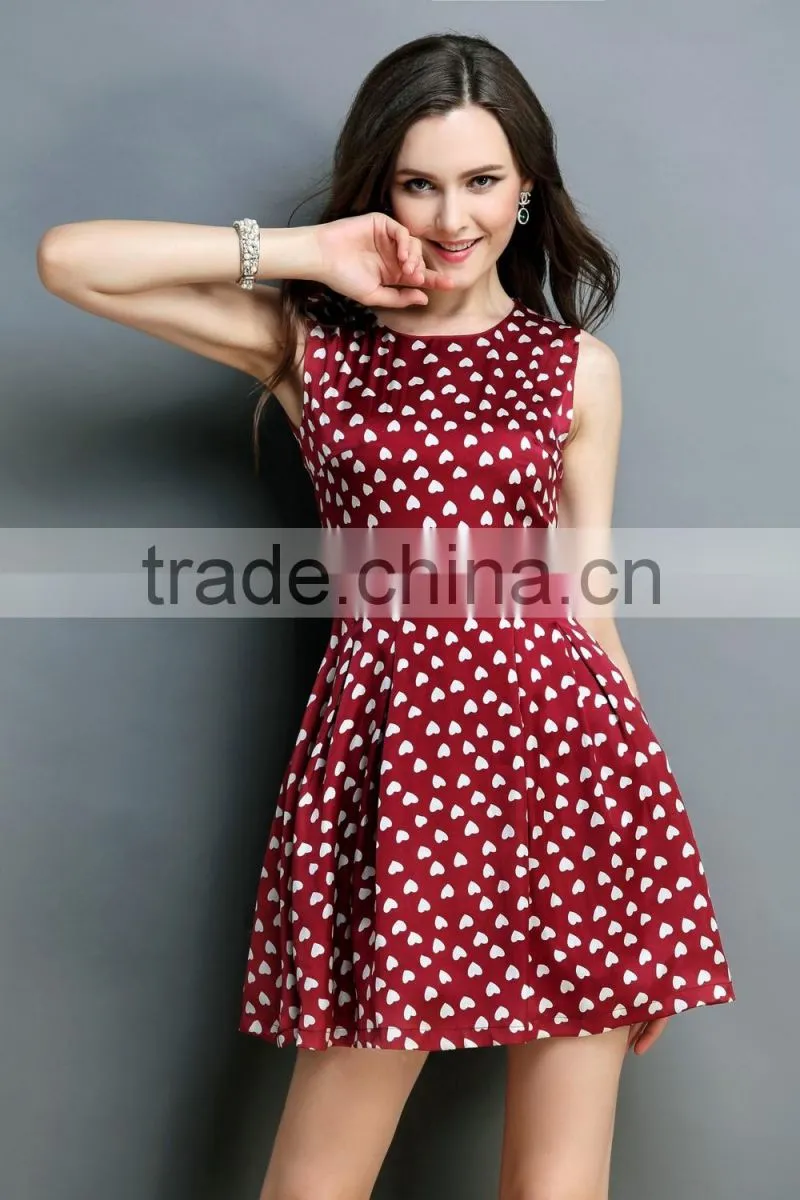 100% polyester sleeveless heart printed summer dress 2014 with good lining