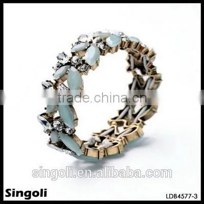 Yiwu imitation jewellery Bobo style crystalline two tiers seablue epoxy fresh paved resin crystal bead hollow 22k gold bangle
