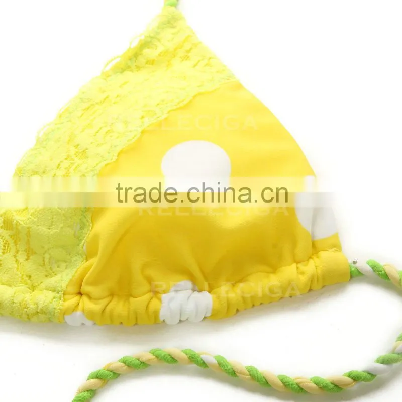 RELLECIGA Lace Bikini Series - Hot Dots + Neon Yellow Lace Brazilian Bikini Set with Triangle Top and Scrunch Bottom