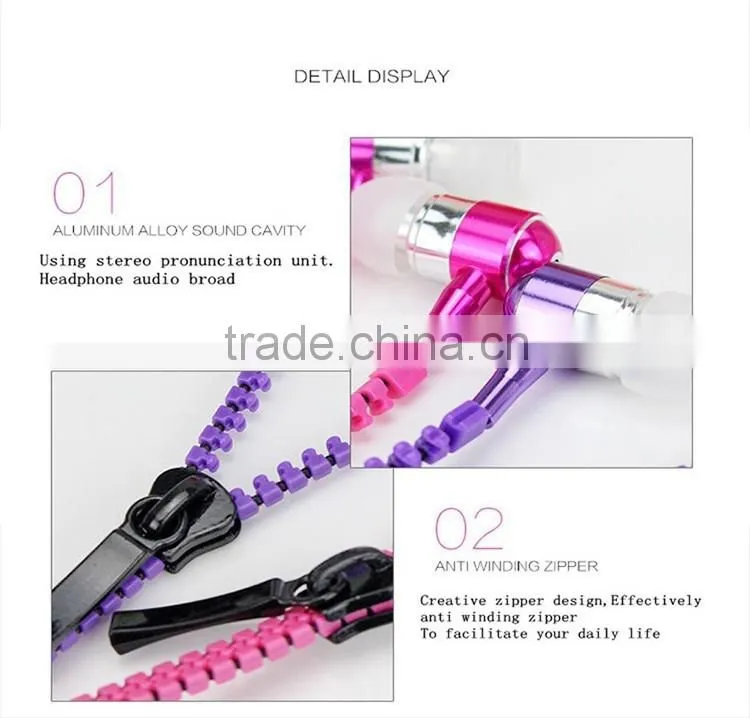 newest design hot selling zipper headphones zipper earphone for mobile phone