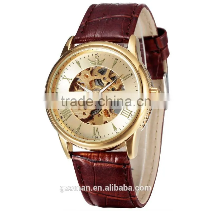 luxury genuine leather men watch gold skeleton automatic watch bracelet casual watch